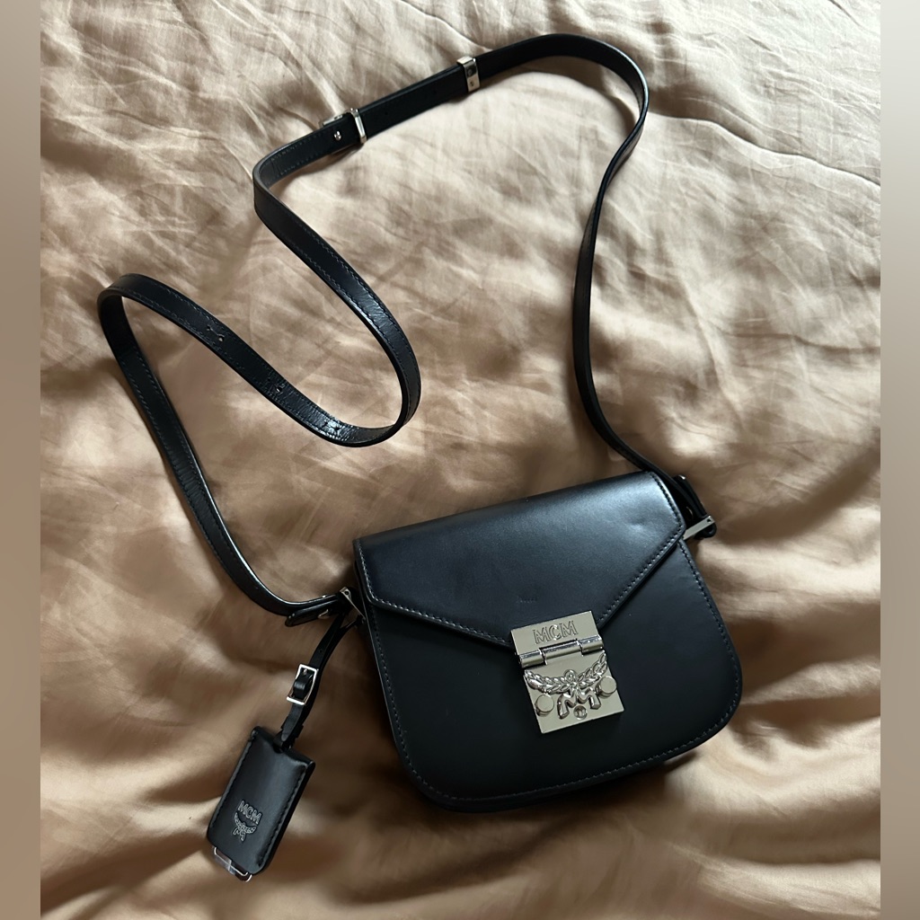 Mcm Mini Black Leather Crossbody Bag With Silver Clasp